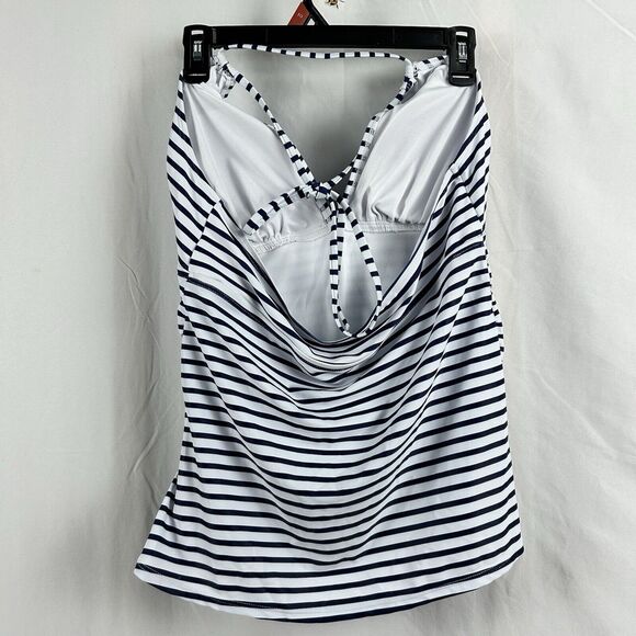Yonique Open Back Halter Tankini Top Swimsuit Blue White Stripe XL Ruched - Picture 3 of 11